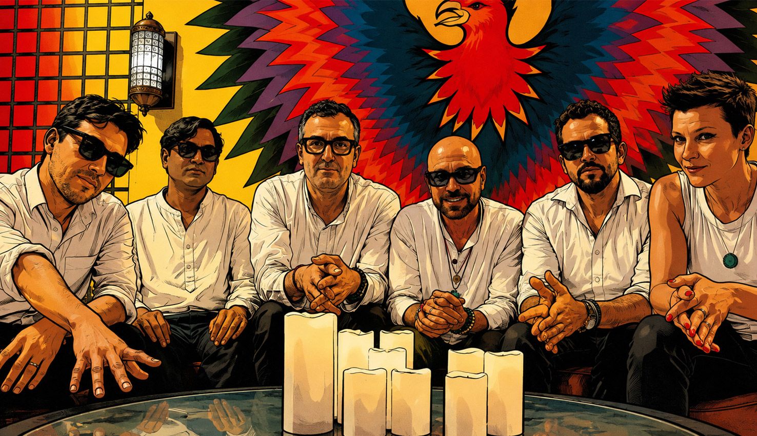 Illustration of the band in white shirts, seated behind a row of candles