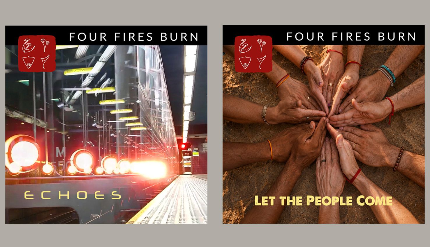 Single artwork for Echoes and Let The People Come, each with the stamp and black header