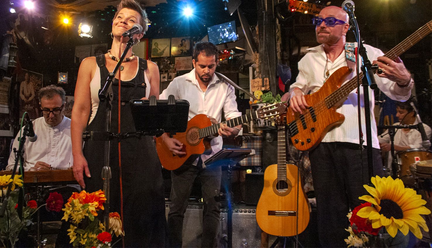 Four Fires Burn performing live, with sunflowers on stage