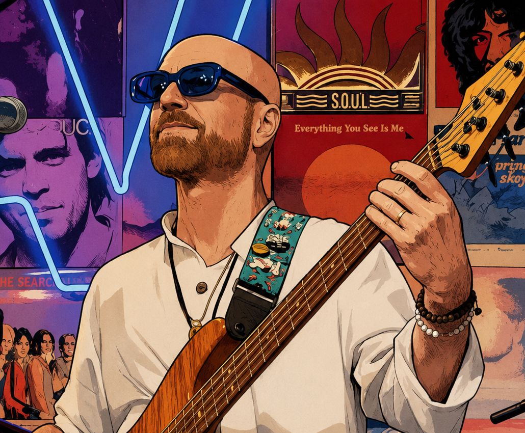 Illustrated portrait of a Four Fires Burn member playing bass guitar